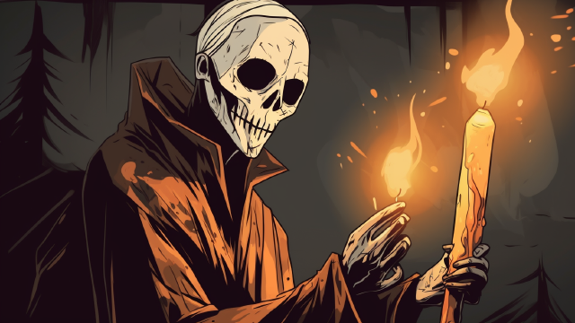 Creepy horror image of a skull man lighting a candle